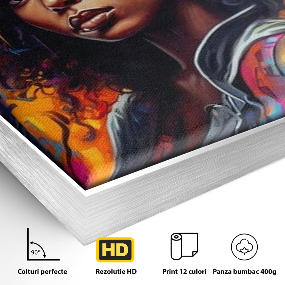 Detaliu al suprafetei: tablou canvas cu portret urban afro, in rama de aluminiu argintiu